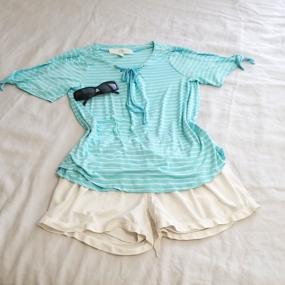 French Laundry Aqua Striped Lace-up Tee